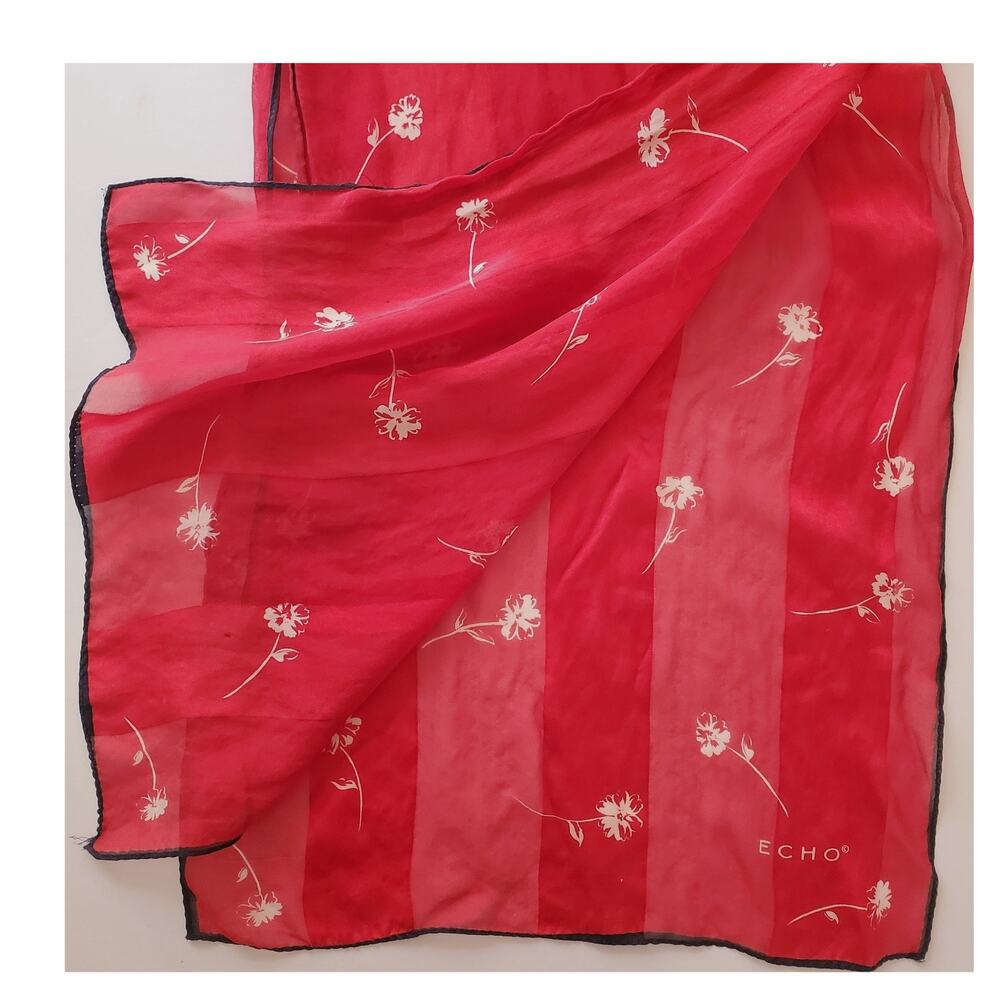 Echo Vintage 100% Silk Scarf Oblong Red White Floral Black Hand Rolled Hem 11x25